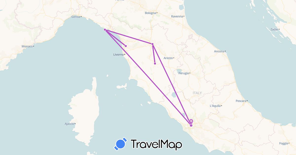 TravelMap itinerary: plane, train in Italy (Europe)